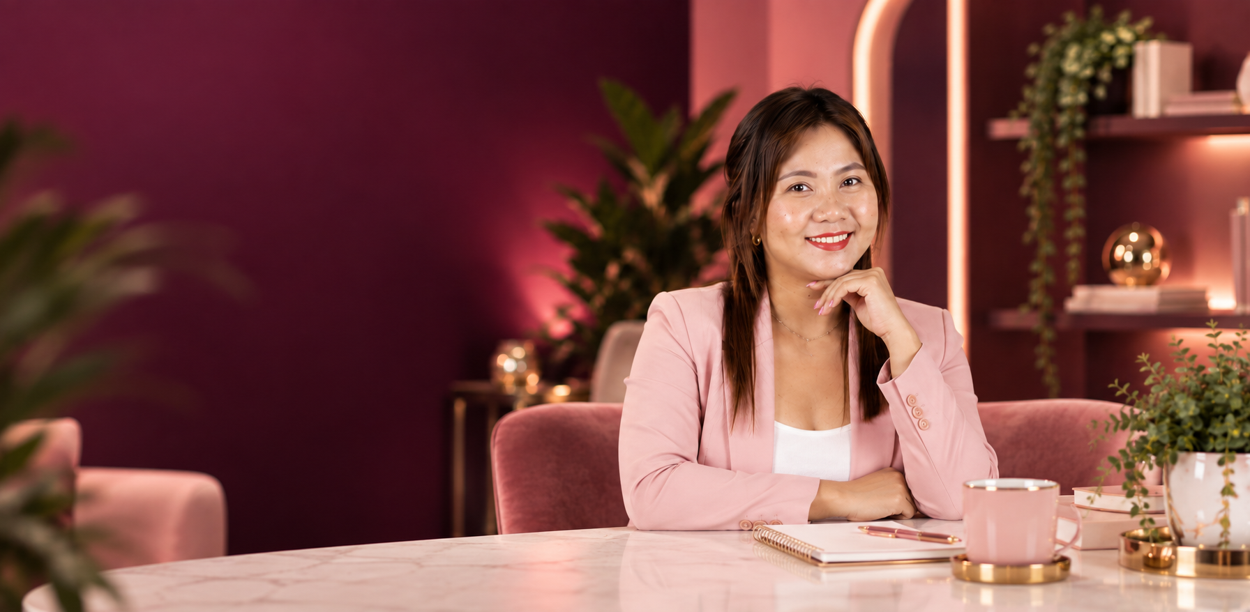 Camille seated at a desk in a warm mauve studio
