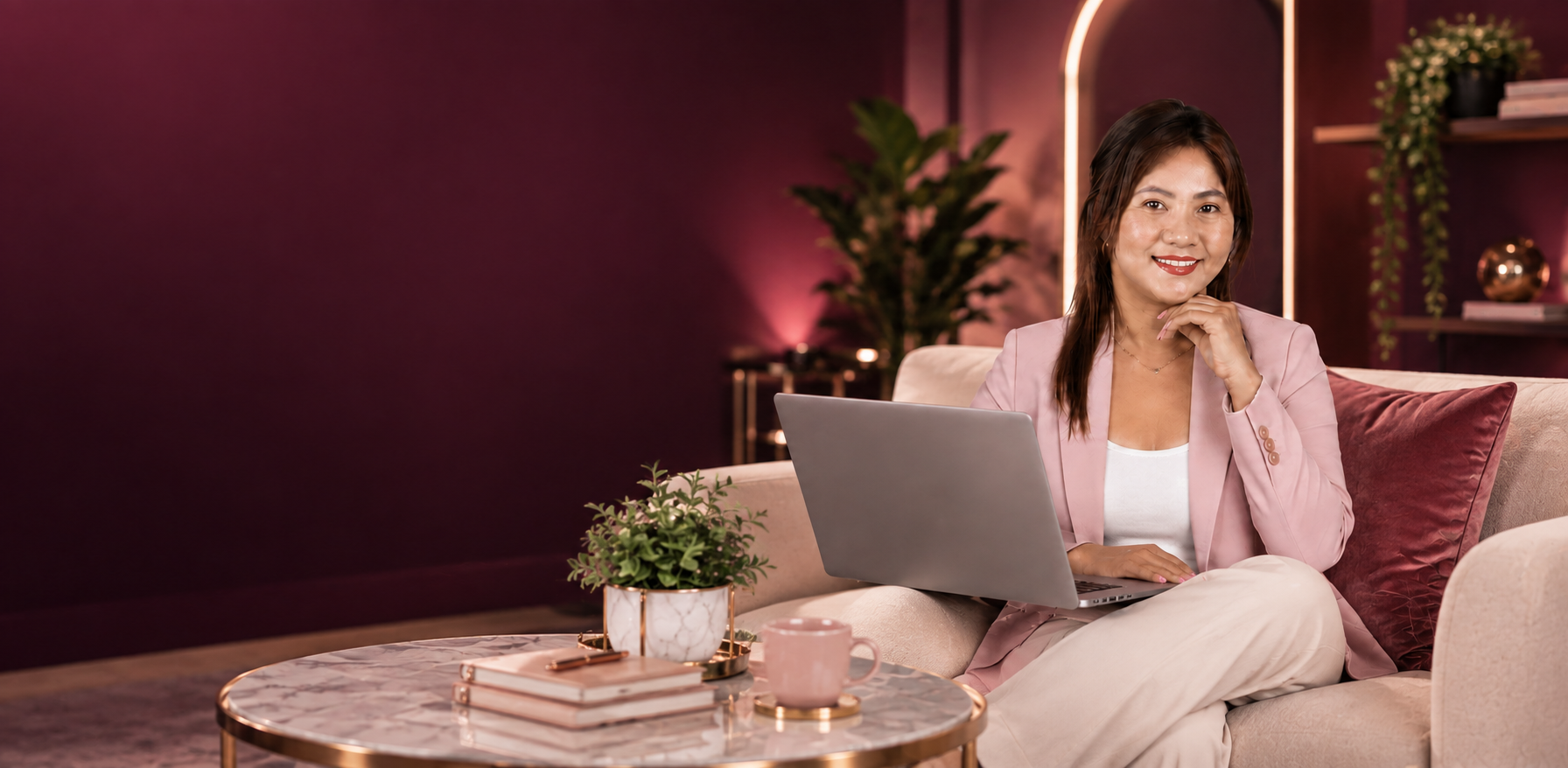 Camille seated with her laptop in a plum-coloured studio